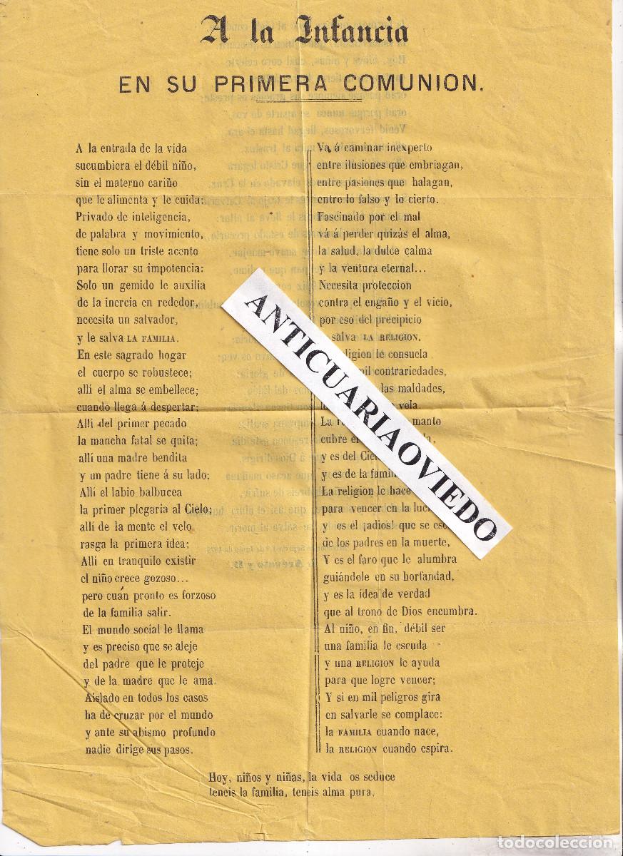 Documentos antiguos: IGNACIO AR&Eacute;VALO Y BENITO: A LA INFANCIA EN SU PRIMERA COMUNI&Oacute;N. SAN SALVADOR DE SEGOVIA, 1873 POES&Iacute;A