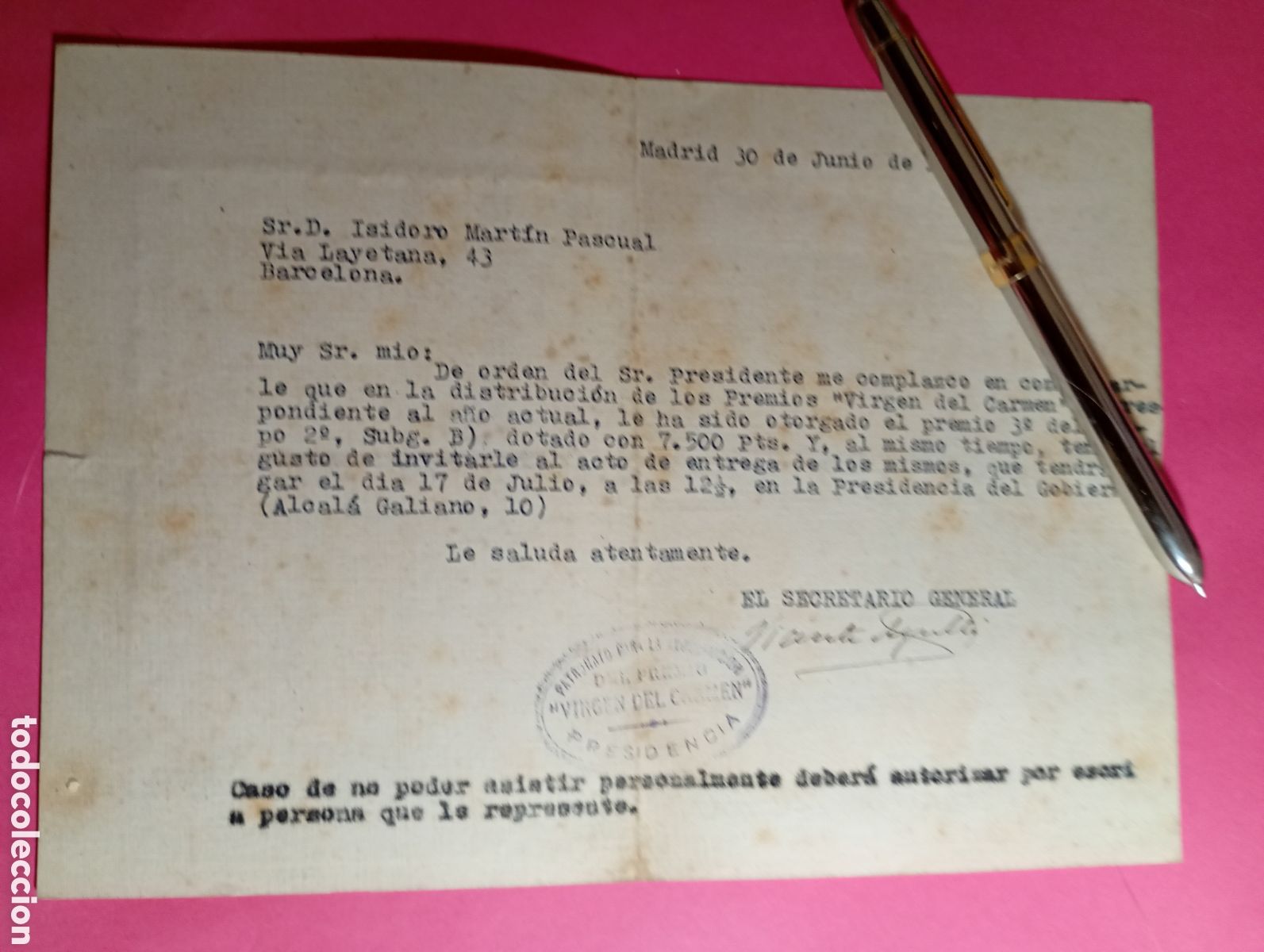 Documentos antiguos: MADRID PREMIO VIRGEN DEL CARMEN DE ORDEN DEL PRESIDENTE SE COMUNICA AL GANADOR DE UNO DE LOS PREMIOS