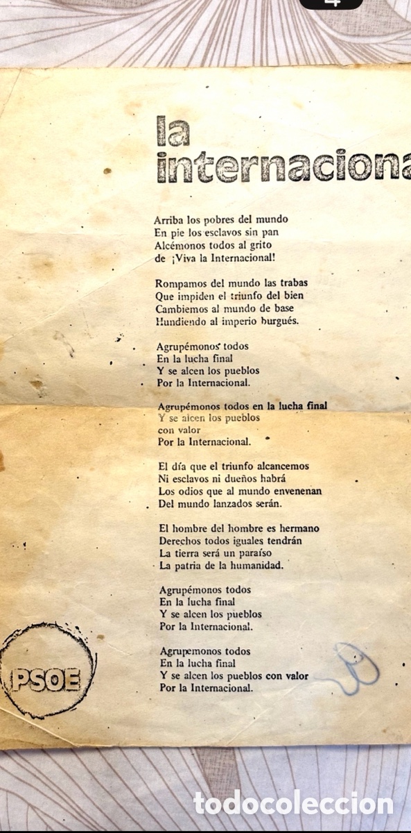 Documentos antiguos: Folleto POL&Iacute;TICA de &rdquo;La Internacional&rdquo; - Sello Original PSOE (C. 1976-1979) - Transici&oacute;n Espa&ntilde;ola