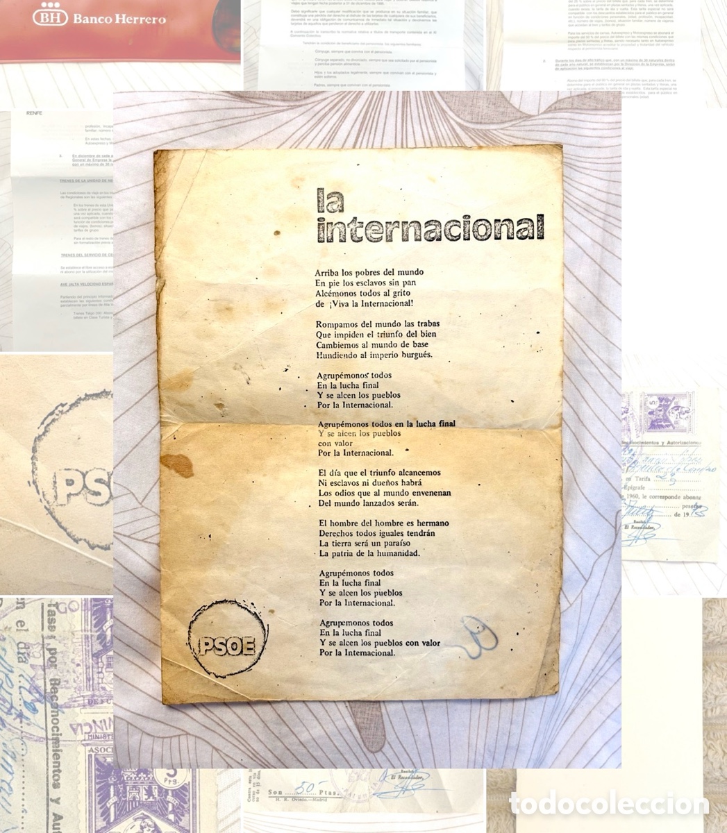 Documentos antiguos: Folleto POL&Iacute;TICA de &rdquo;La Internacional&rdquo; - Sello Original PSOE (C. 1976-1979) - Transici&oacute;n Espa&ntilde;ola