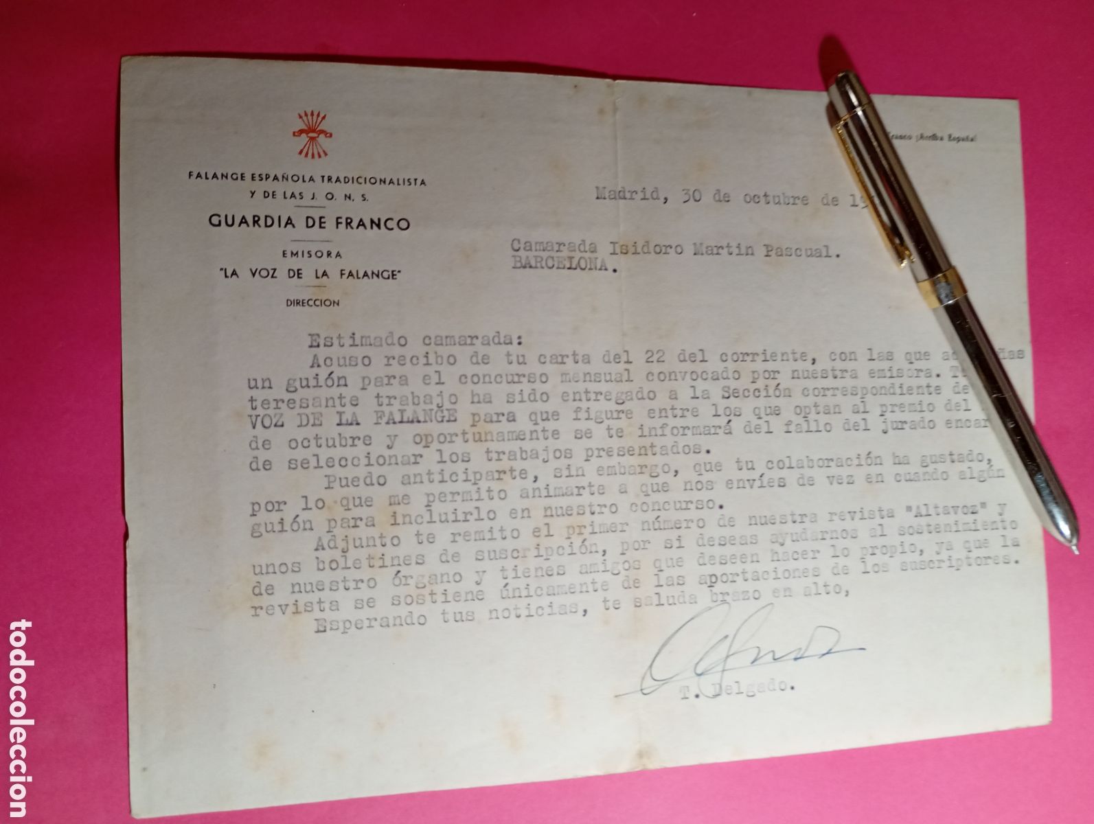 Documentos antiguos: MADRID 1948 EMISORA LA VOZ DE LA FALANGE AIMA A CAMAEADA ISIDORO A APORTAR GUIONES CONCURSO MENSUAL