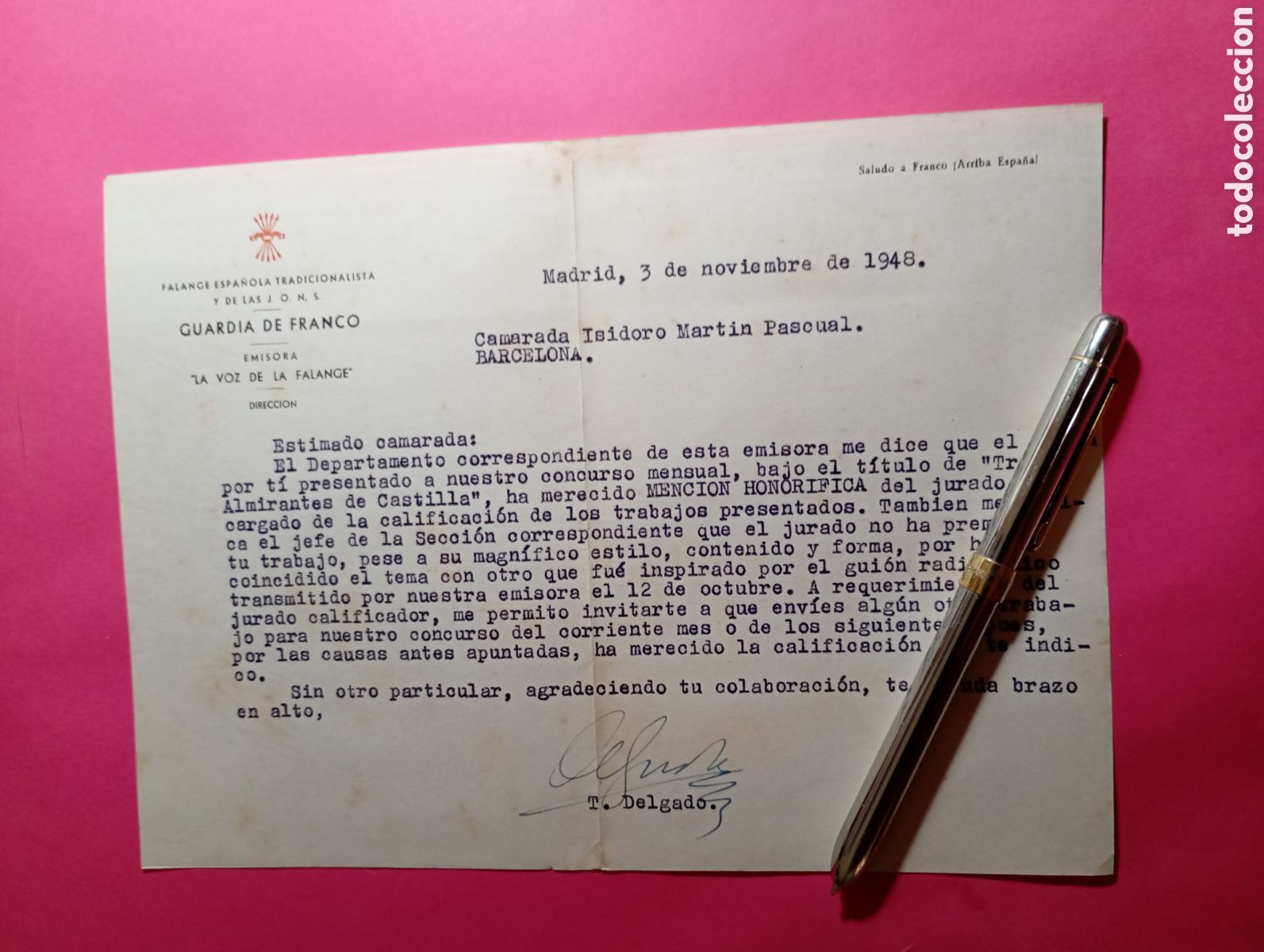 Documentos antiguos: MADRID 1948 EMISORA LA VOZ DE LA FALANGE A D. IS8DORO MENCI&Oacute;N HONOR Y MOTIVO NO 1&ordm; PREMIO