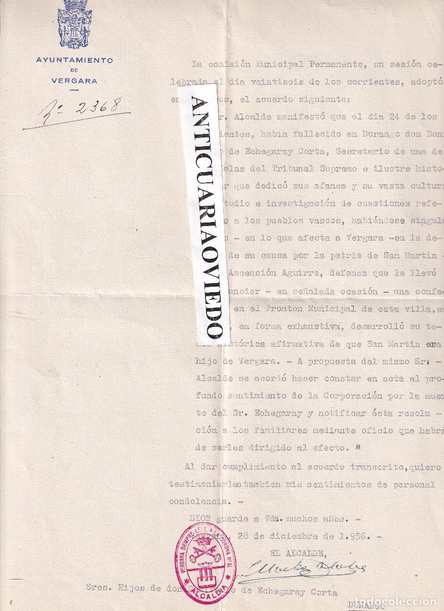 Documentos antiguos: P&Eacute;SAME DEL AYUNTAMIENTO DE VERGADA EN LA MUERTE DE BONIFACIO ECHAGARAY Y CORTA EN DURANGO. 1956
