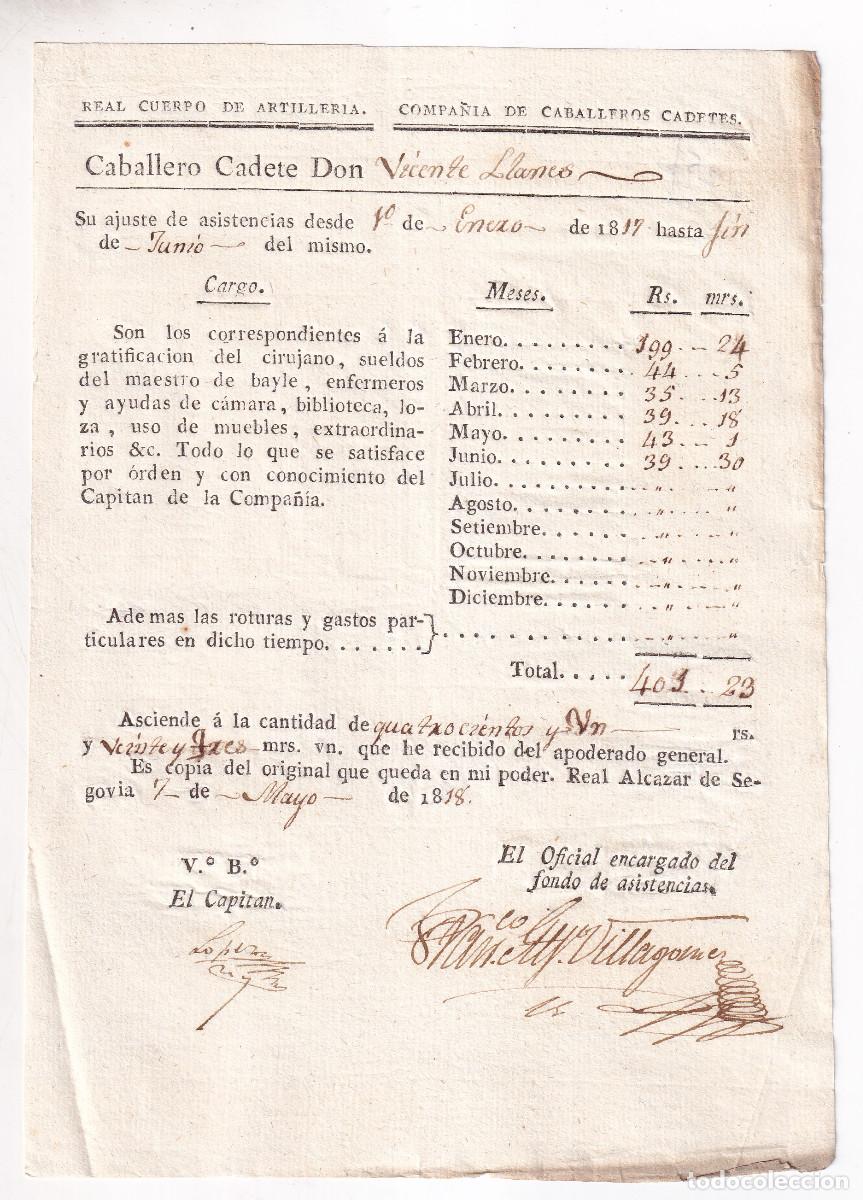 Documentos antiguos: &Aacute;LC&Aacute;ZAR DE SEGOVIA. 1818. CUENTRAS DEL CADETE VICENTE LLANES. FIRMA FCO. ALFONSO VILLAG&Oacute;MEZ