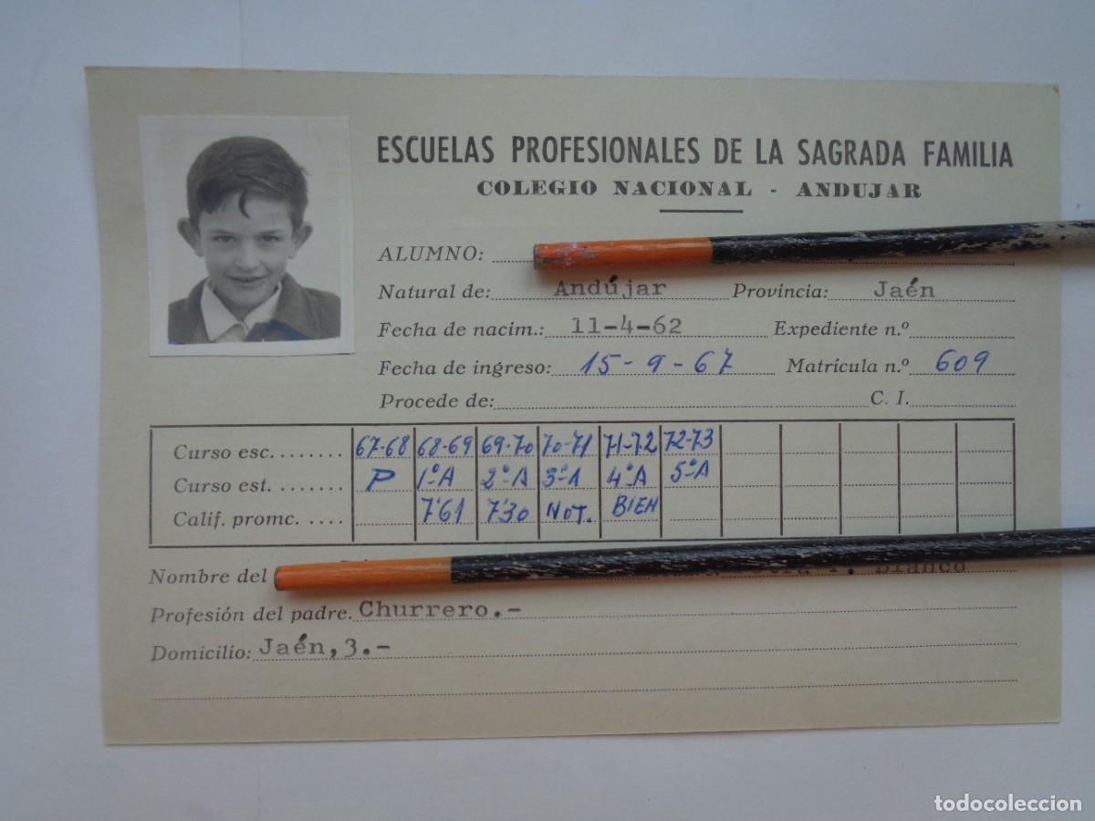 Documentos antiguos: ESCUELAS PROFESIONALES SAGRADA FAMILIA : FICHA NI&Ntilde;O , 1967-73 . ANDUJAS ( JAEN )
