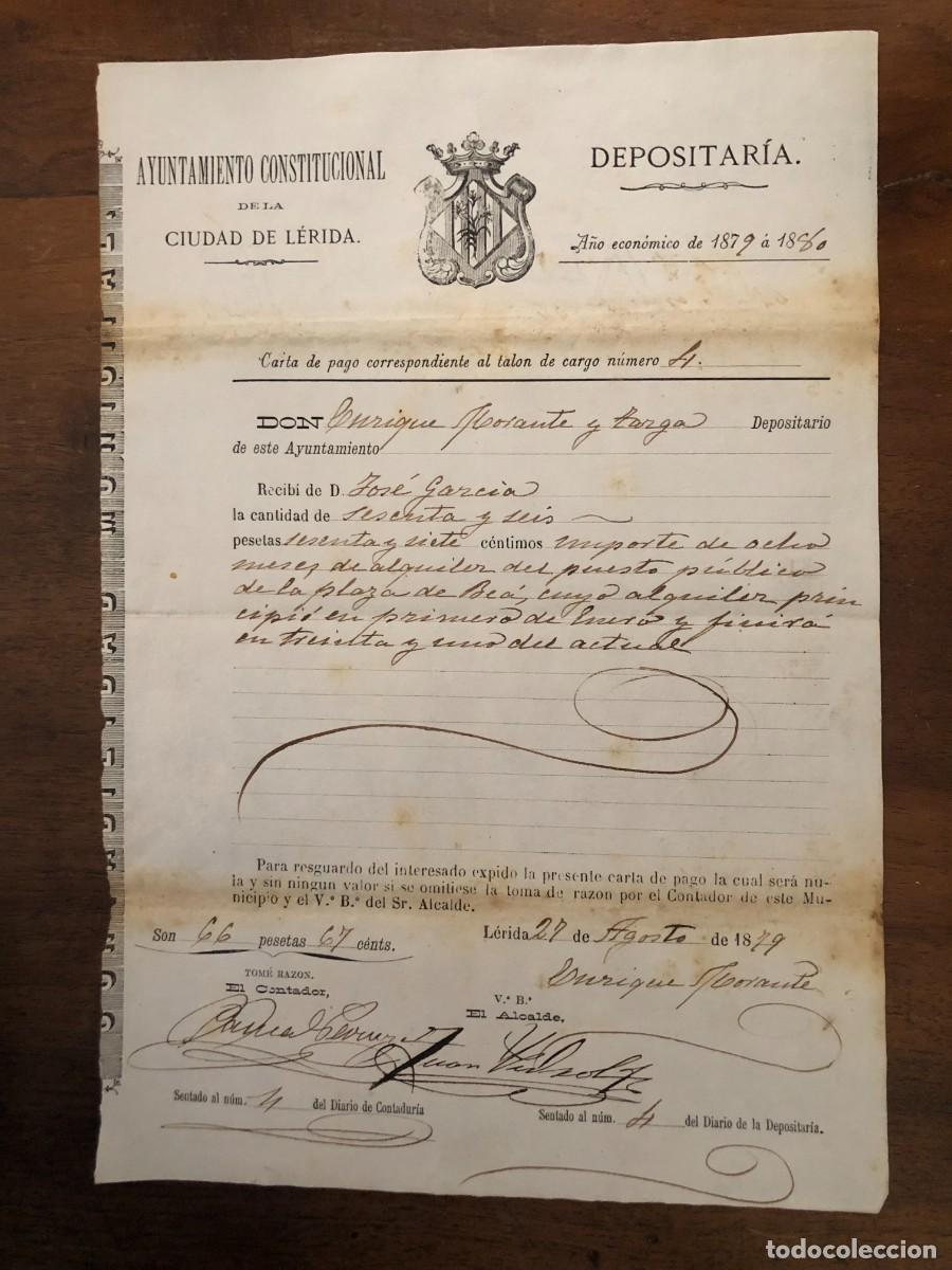 Documentos antiguos: CARTA DE PAGO AYUNTAMIENTO CONSTITUCIONAL DE L&Eacute;RIDA, 27 DE AGOSTO DE 1879