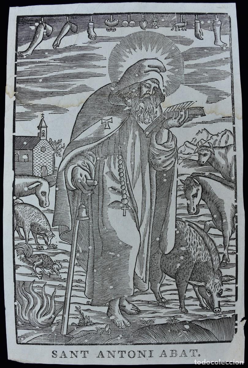 Documentos antiguos: Sant Antoni Abat. Gravat xilogr&agrave;fic segle XIX. Representaci&oacute; d'exvots. Mides 27,5 x 18 cm.