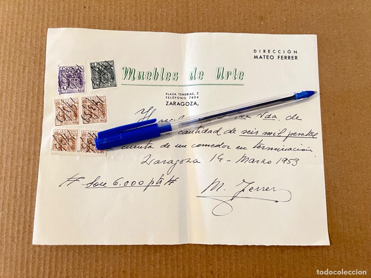 Documentos antiguos: Recibo Zaragoza MUEBLES DE ARTE MATEO FERRER 1953