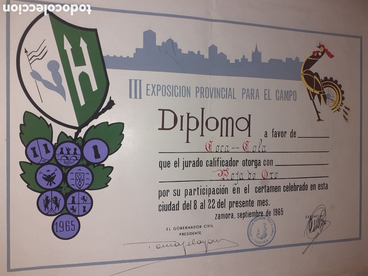 Documentos antiguos: GRAN DIPLOMA III EXPOSICION PROVINCIAL PARA EL CAMPO. ZAMORA 1965. OTORGADO A COCA COLA. 47 X 32 CM