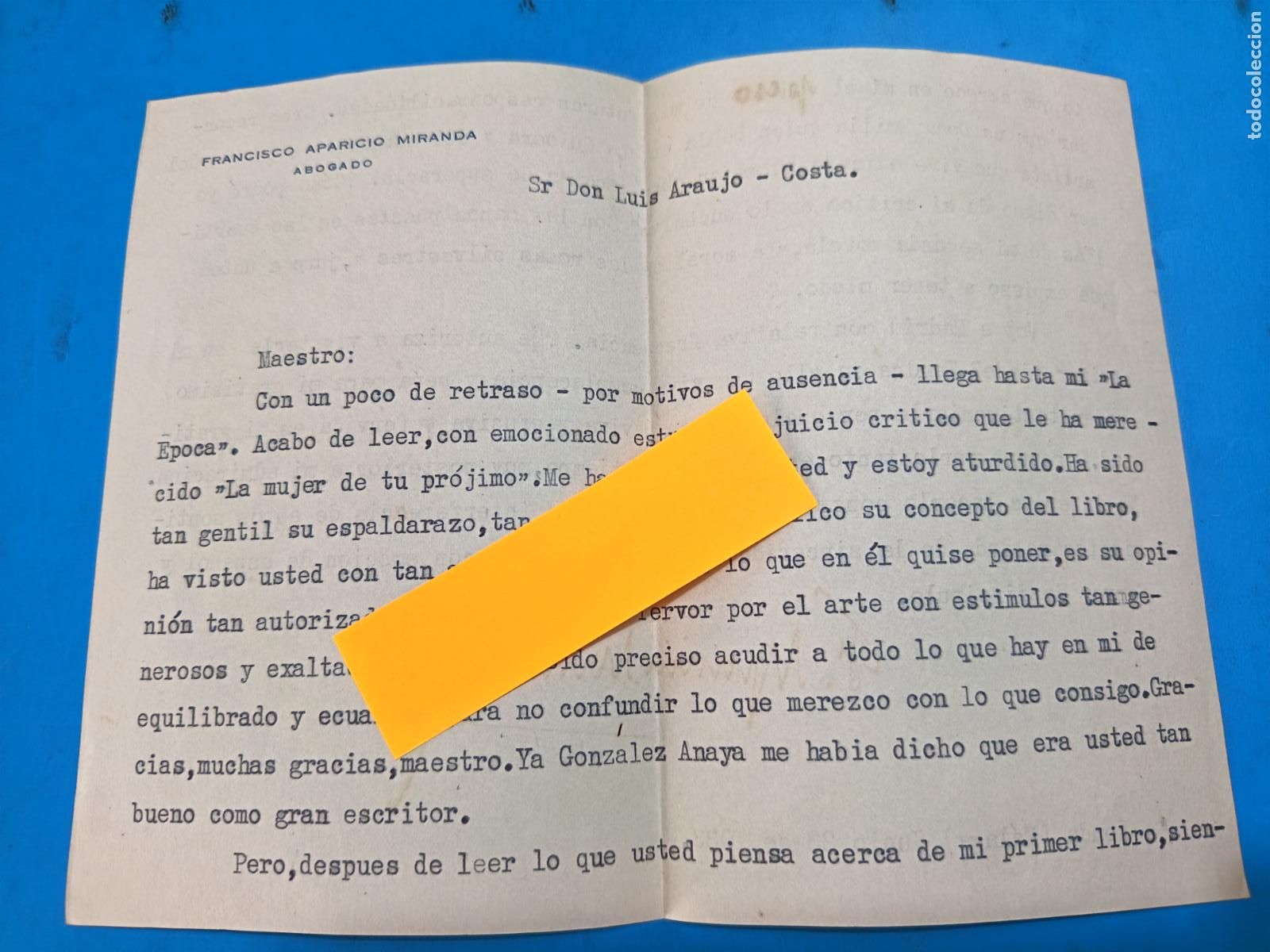 Documentos antiguos: CARTA DE FRANCISCO APARICIO MIRANDA A LUIS ARAUJO-COSTA. FIRMADA DE PU&Ntilde;O Y LETRA. 1933.
