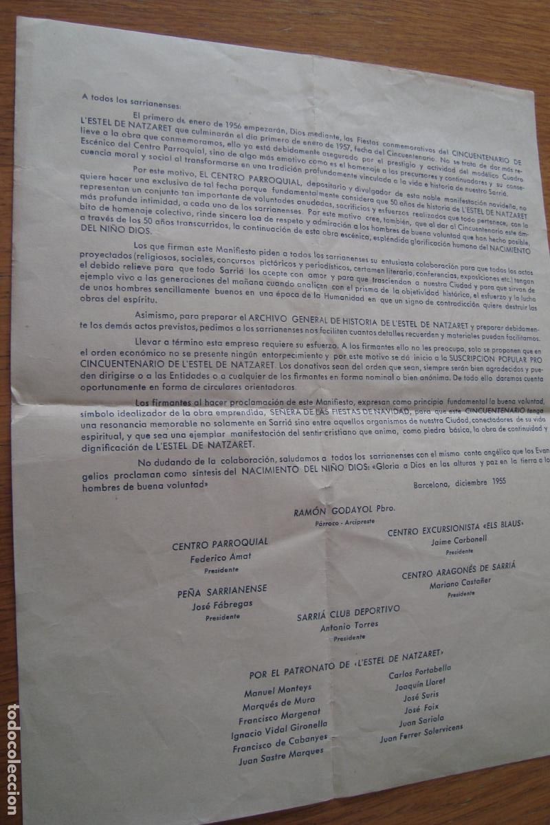 Documentos antiguos: ANTIGUO BANDO FIESTAS CINCUENTENARIO L'ESTEL DE NAZARET. SARRIA BARCELONA 1955