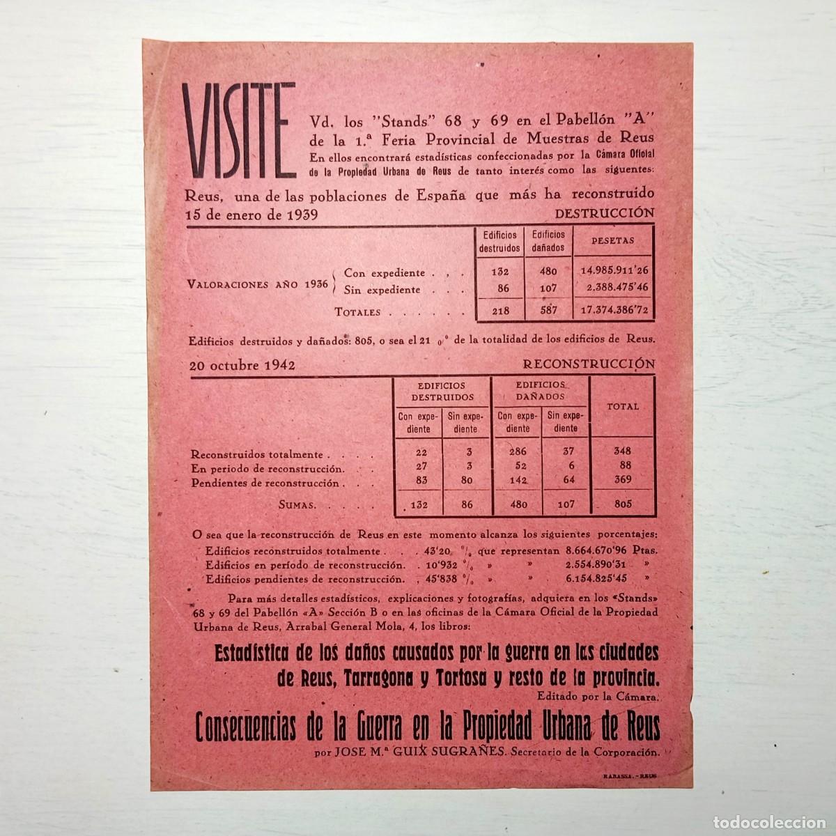 Documentos antiguos: Folleto Extrema Rareza 1 Feria Muestras Reus 1942 Estadistica Destruccion Guerra Civil Espanola