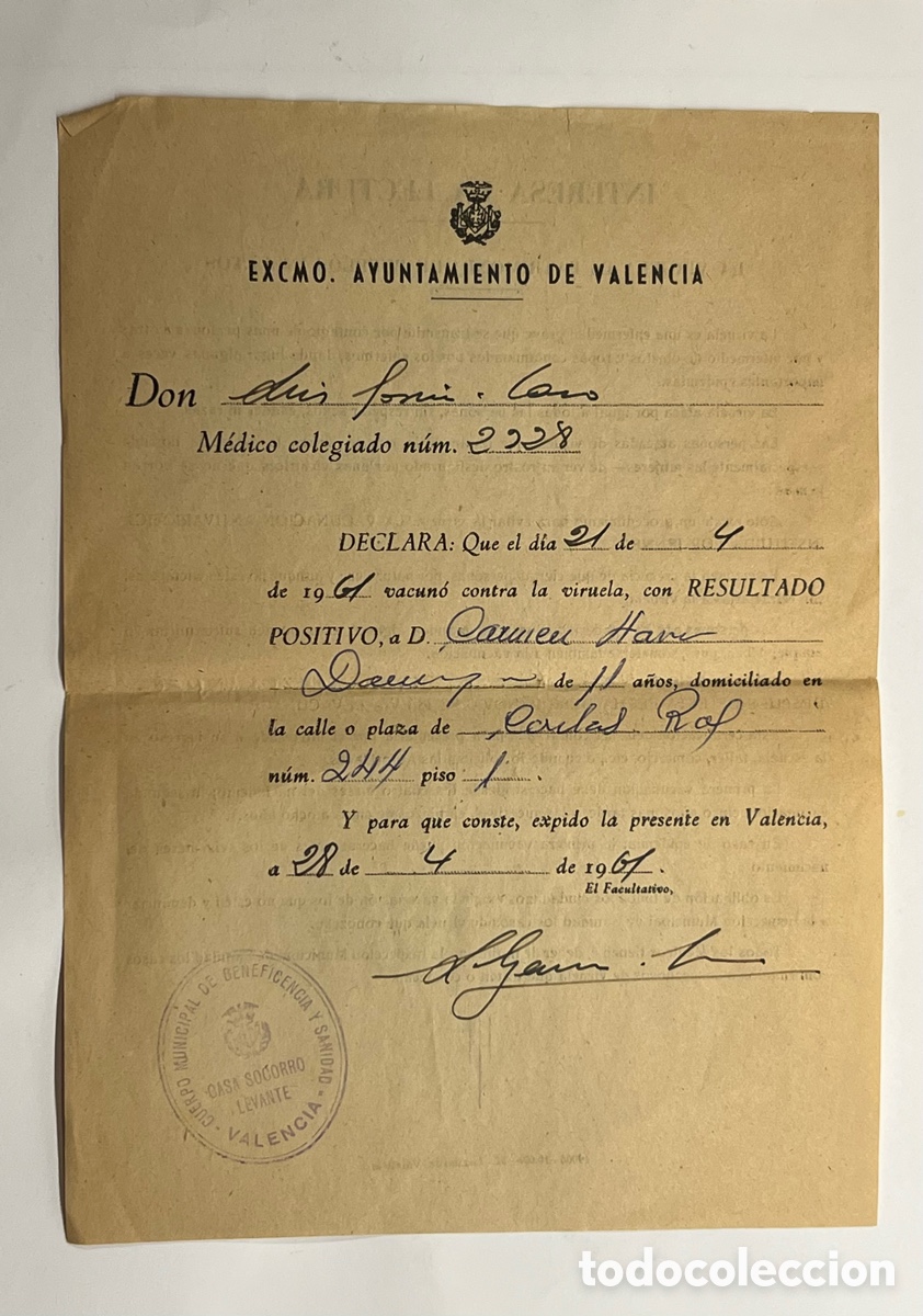 Documentos antiguos: CERTIFICADO VACUNACI&Oacute;N.. LA VIRUELA ES PATRIMONIO DE PUEBLOS INCULTOS.. (a.1961)