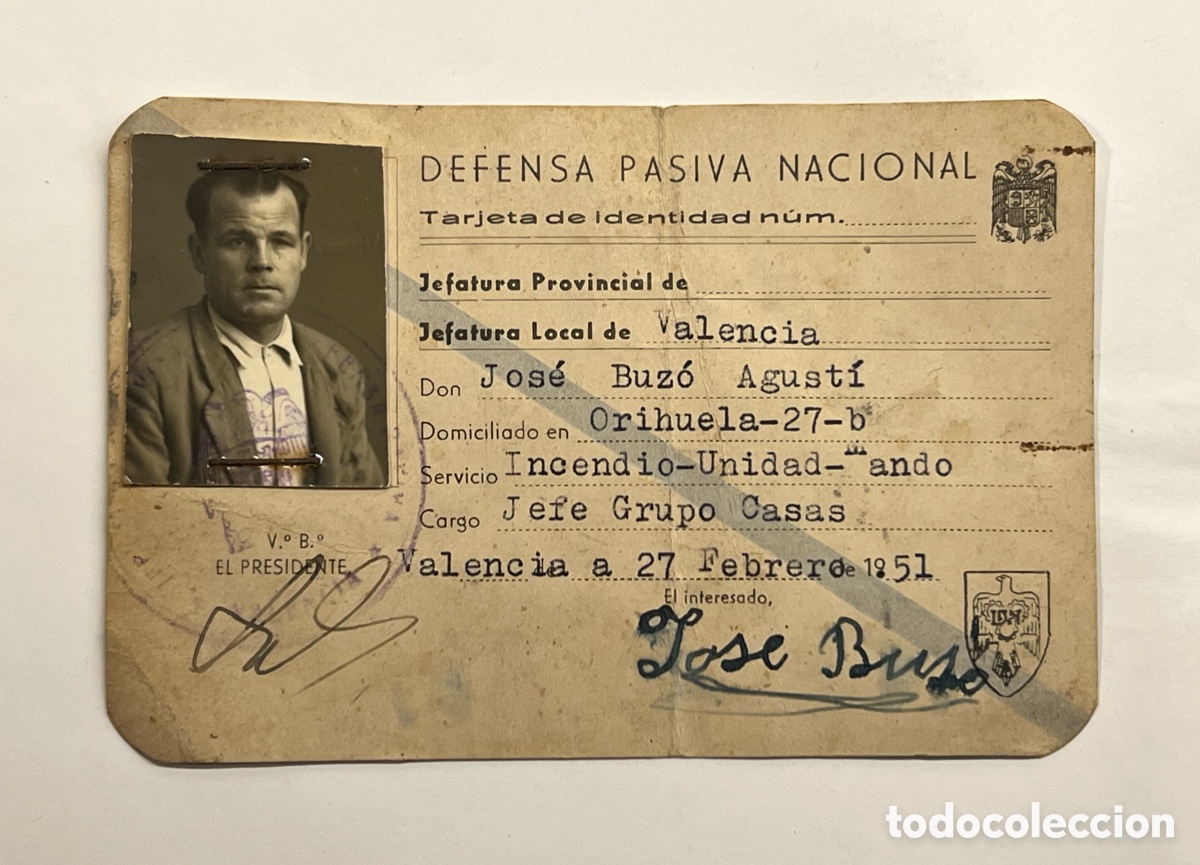 Documentos antiguos: DEFENSA PASIVA NACIONAL. Tarjeta de Identidad. Servicio: Incendio Unidad de Mando. Valencia (a.1951)