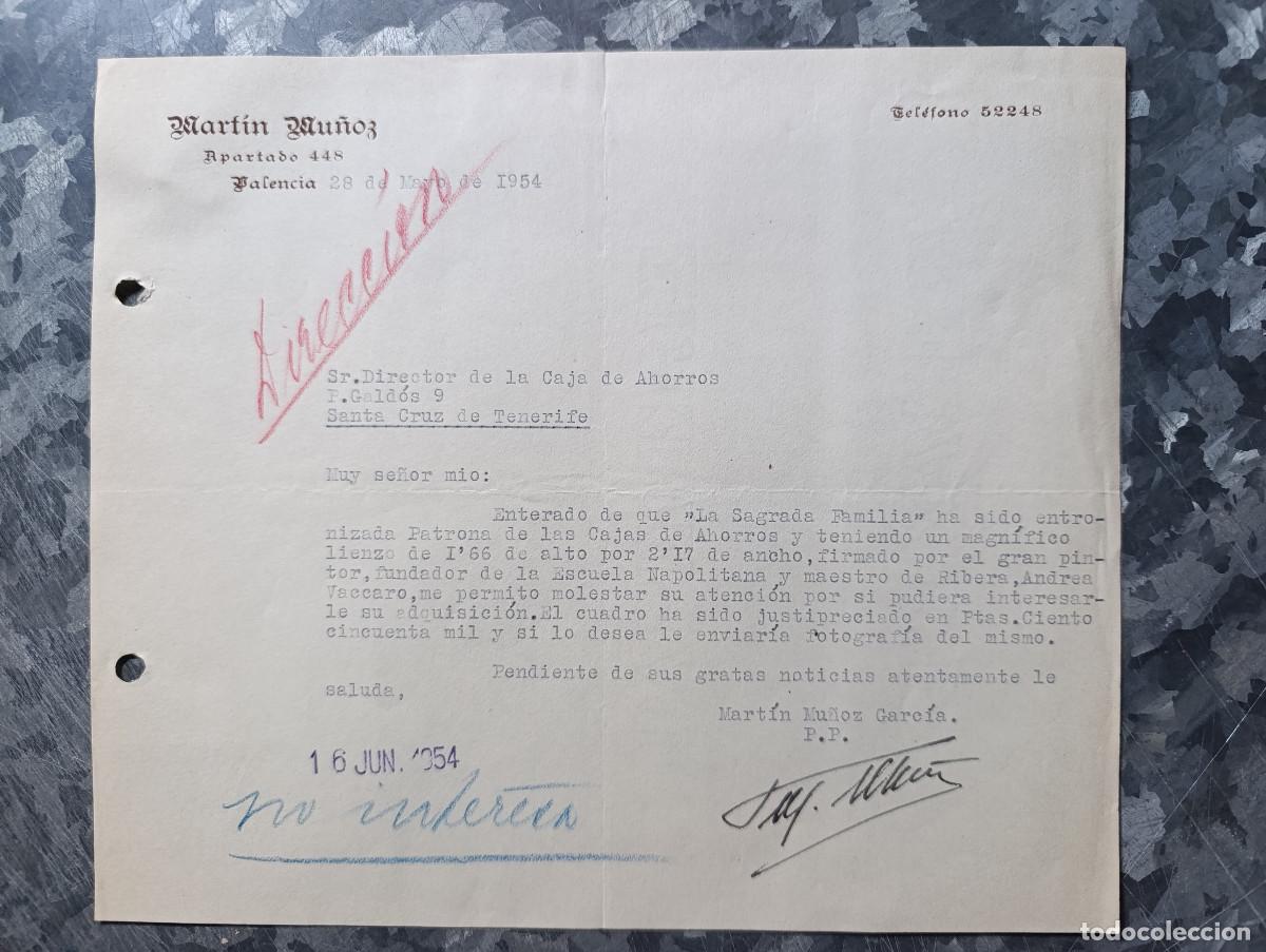 Documentos antiguos: INTERESANTE CARTA &rdquo;MART&Iacute;N MU&Ntilde;OZ&rdquo; EN LA QUE SE OFRECE VENTA DE LIENZO DE !!ANDREA VACCARO!!. A&Ntilde;O 1954