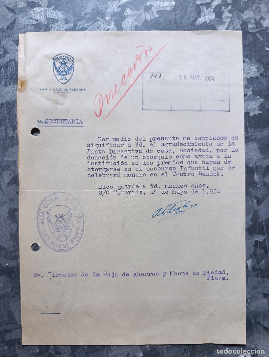 Documentos antiguos: INVITACI&Oacute;N DE LA MASA CORAL TINERFE&Ntilde;A DE S/C DE TENERIFE A CONCURSO INFANTIL EN TEATRO BAUDET. 1954