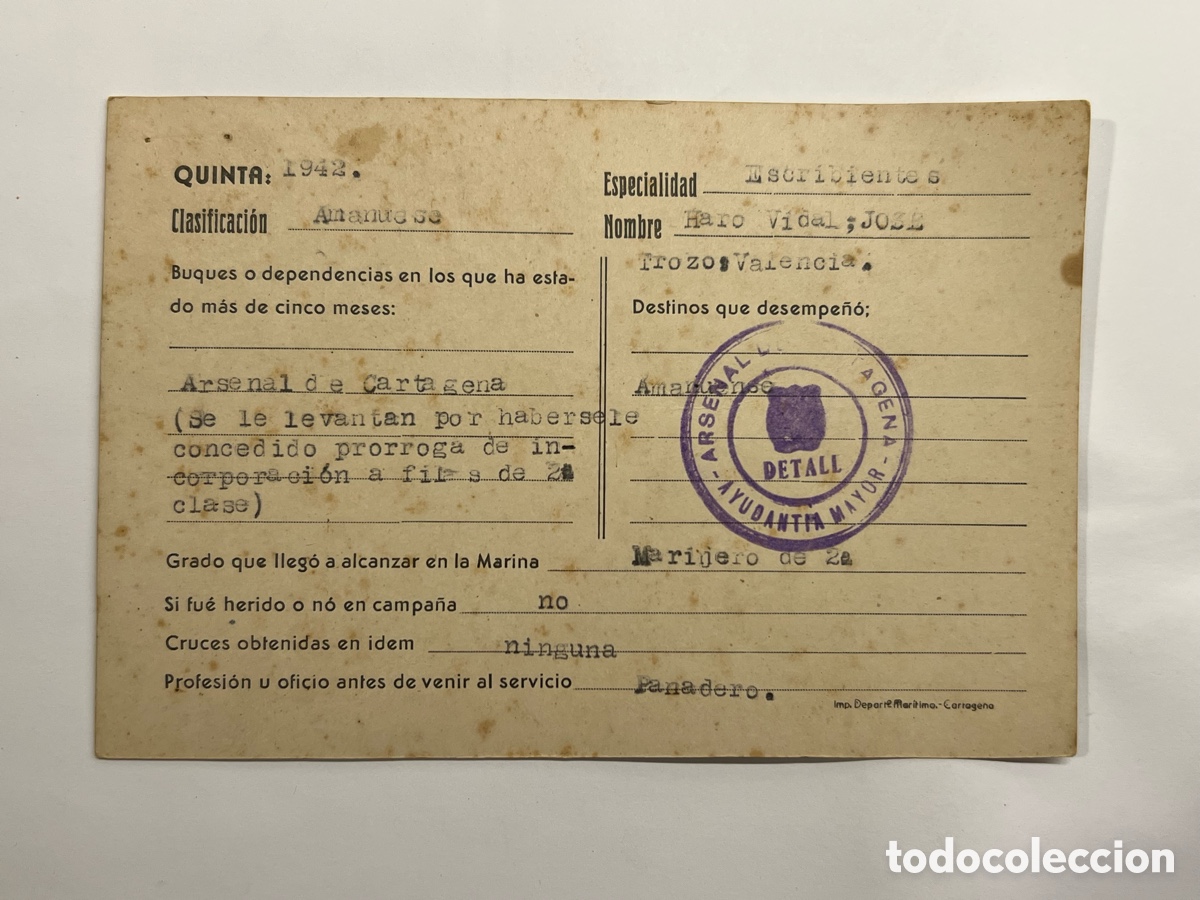 Documentos antiguos: ARSENAL DE CARTAGENA. Ayudant&iacute;a Mayor. Quinta de 1942, Marinero de 2a. Destino Amanuense
