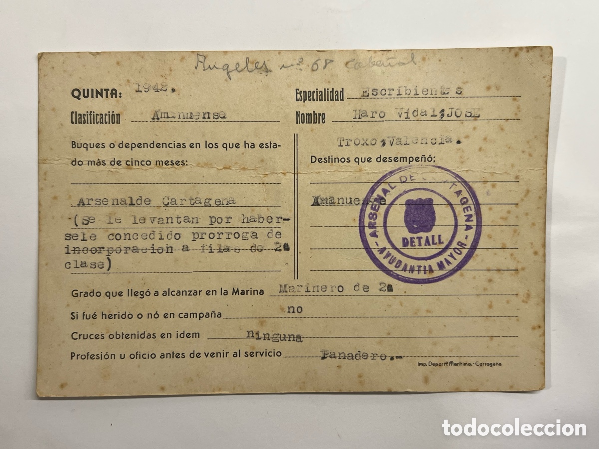 Documentos antiguos: ARSENAL DE CARTAGENA. Ayudant&iacute;a Mayor. Quinta de 1942, Marinero de 2a. Destino Amanuense