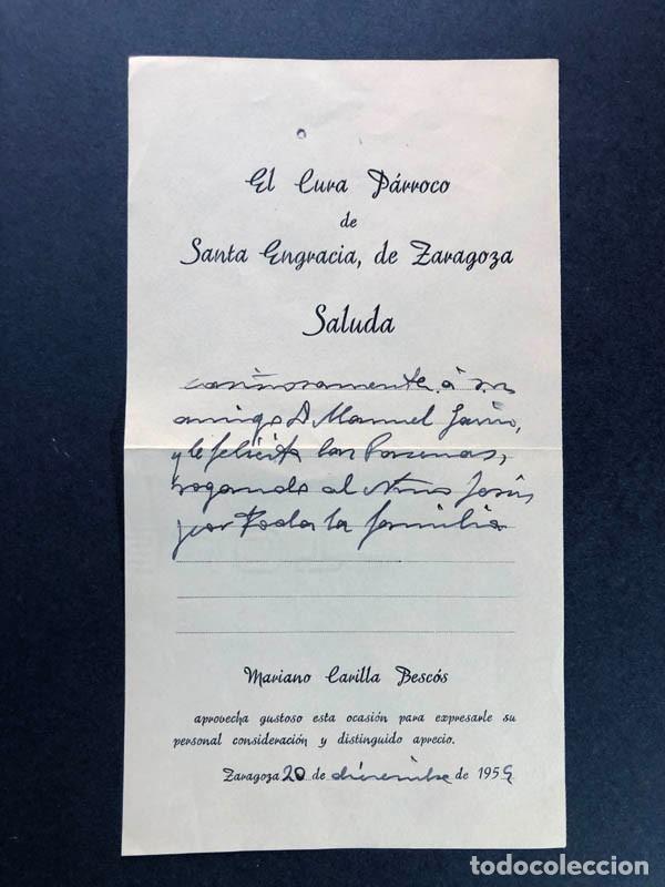 Documentos antiguos: MARIANO CARILLA BESCOS ( CASBAS DE HUESCA ) SALUDA / CURA P&Aacute;RROCO SANTA ENGRACIA 1955 ( ZARAGOZA )