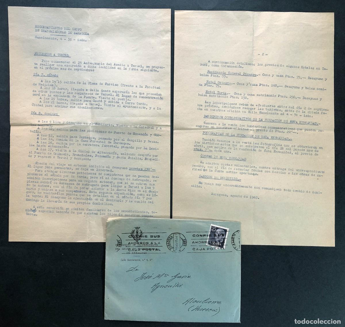 Documentos antiguos: HERMANDAD DE EXCOMBATIENTES DE ZARAGOZA / VIAJE CONMEMORACI&Oacute;N DEL ASEDIO DE TERUEL 1963