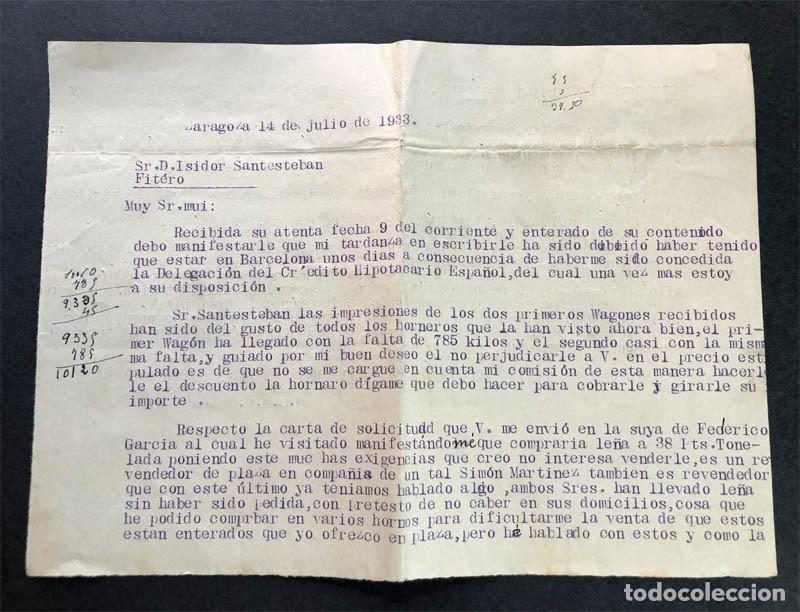 Documentos antiguos: CARTA A&Ntilde;O 1933 / SOBRE VENTA DE VAGONES DE LE&Ntilde;A A HORNEROS DE PAN / FITERO NAVARRA / ZARAGOZA