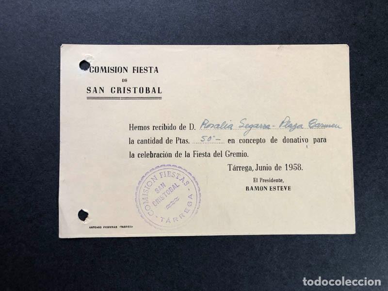 Documentos antiguos: T&Aacute;RREGA 1958 ( LLEIDA ) DONATIVO FIESTAS DE SAN CRISTOBAL
