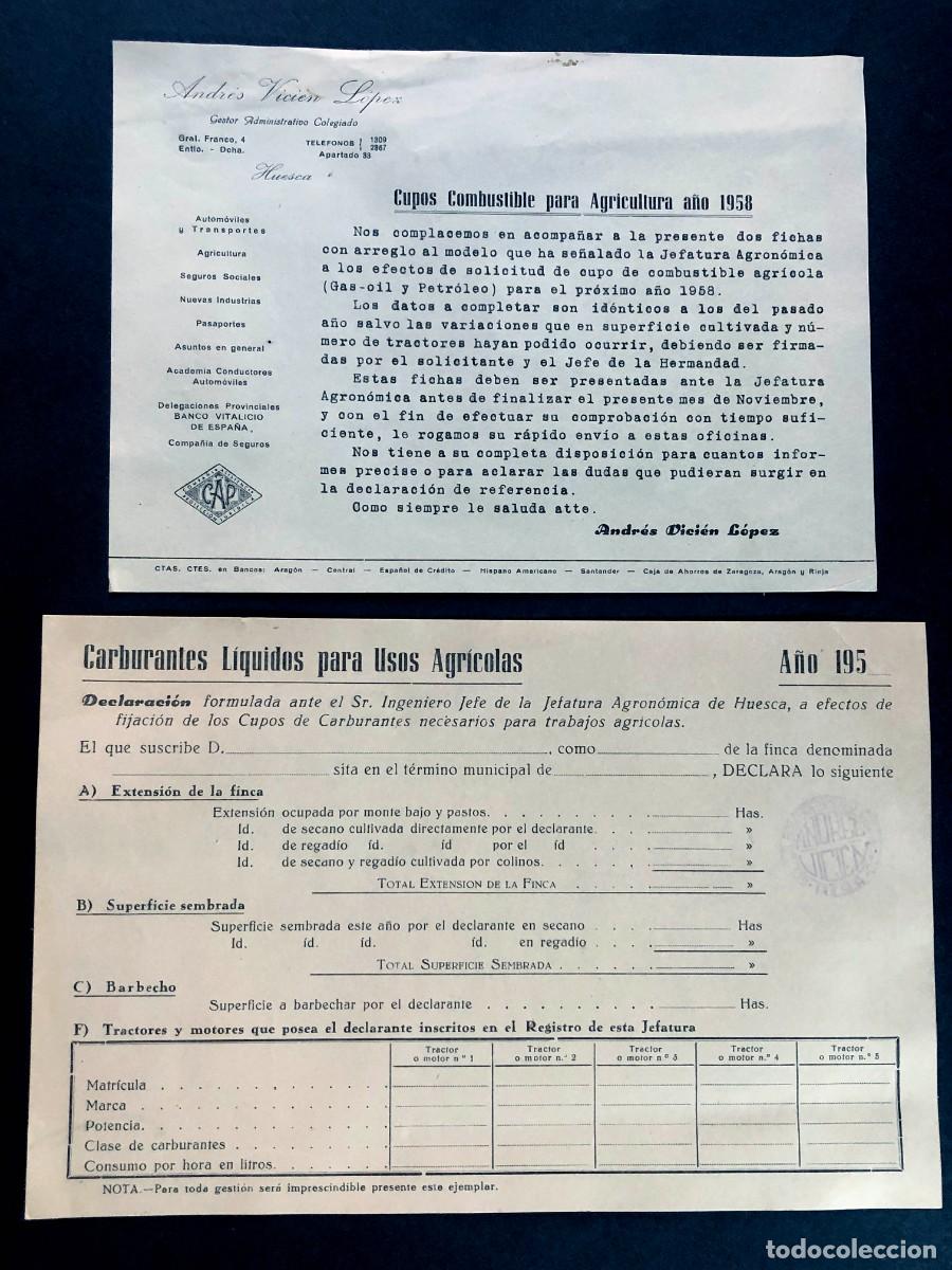 Documentos antiguos: HUESCA A&Ntilde;OS 50 / IMPRESO PARA SOLICITUD DE CUPOS DE CARBURANTE PARA AGRICULTURA