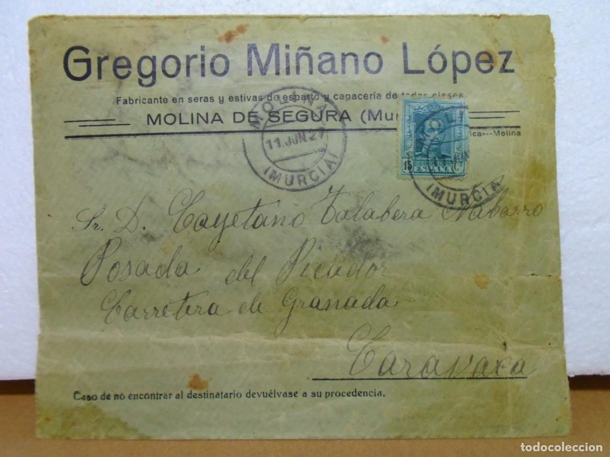 Documentos antiguos: FABRICA DE ESPARTOS(MOLINA DE SEGURA)CARTA CIRCULADA A CARAVACA(POSADA DEL PICADOR)1927.