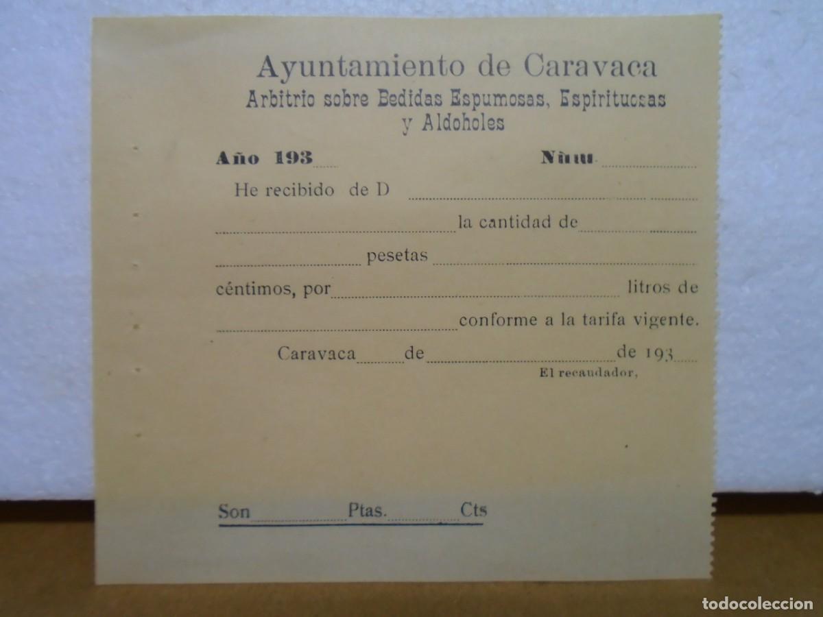 Documentos antiguos: AYTO.DE CARAVACA,EPOCA REP&Uacute;BLICA.ARBITRIOS SOBRE BEBIDAS ESPUMOSAS Y ALCOHOLES,A&Ntilde;OS 30.