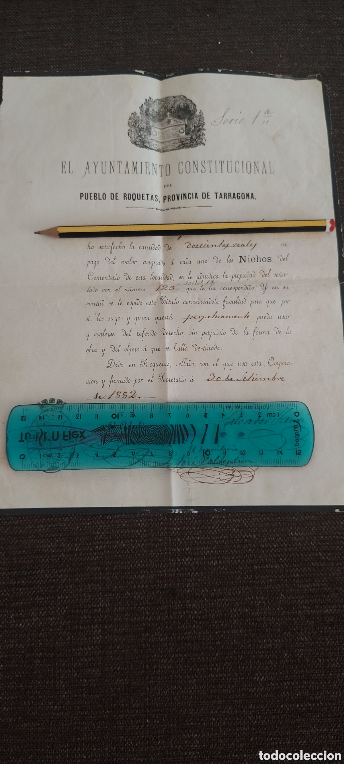 Documentos antiguos: Documento venta nichos Roquetas 1882. Tarragona. Catalunya
