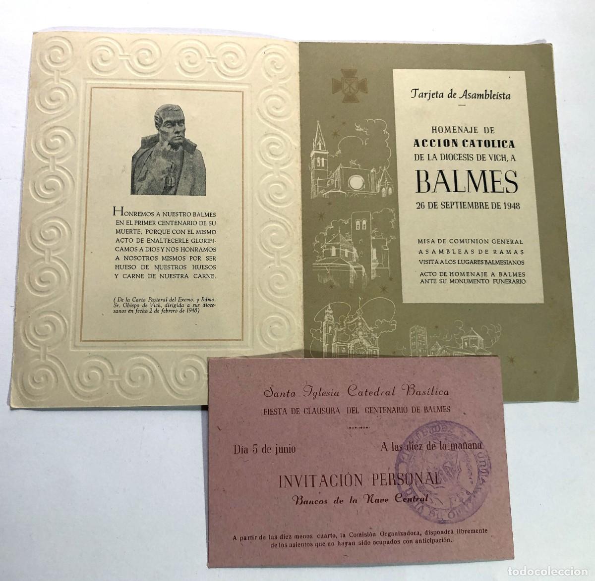 Documentos antiguos: HOMENAJE DE ACCI&Oacute;N CAT&Oacute;LICA A BALMES / DIOCESIS DE VIC / VICH A&Ntilde;O 1948 / BARCELONA