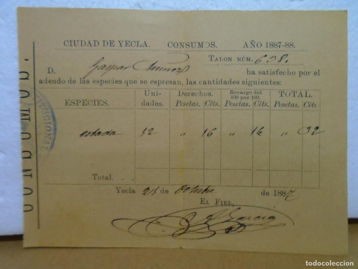 Documentos antiguos: YECLA(MURCIA) RECIBO. CONSUMOS (CEBADA) ALCALDIA CONSTITUCIONAL 1887.