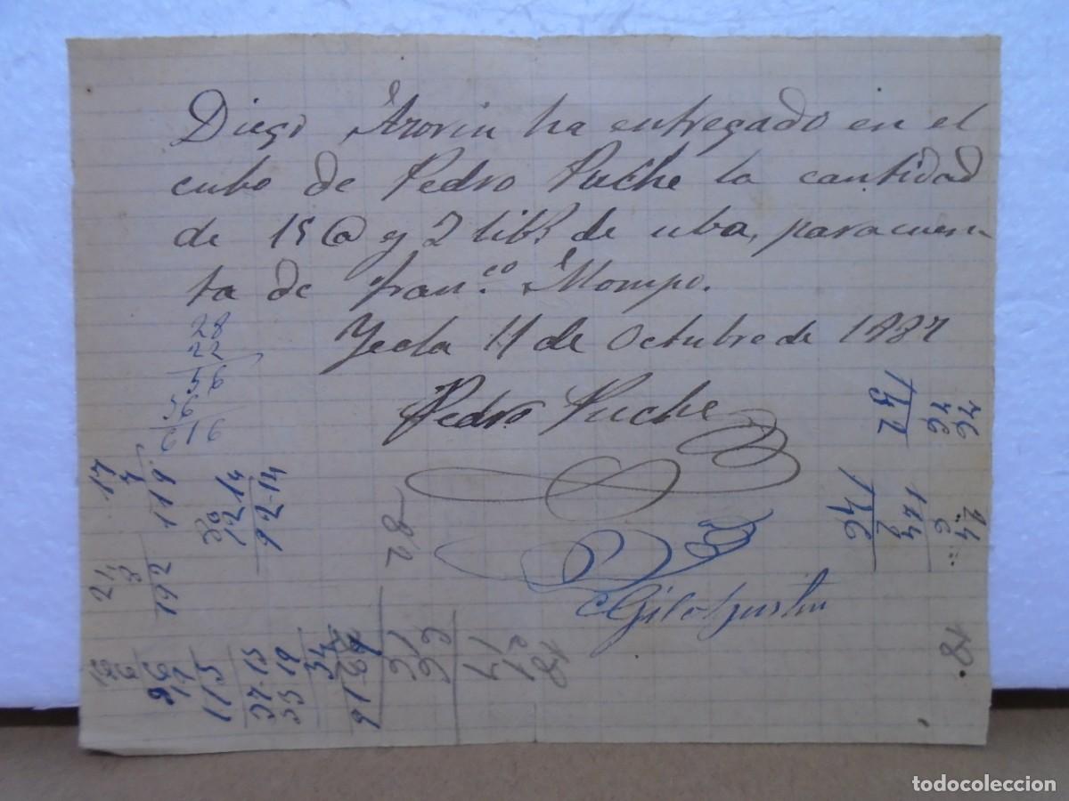 Documentos antiguos: YECLA(MURCIA)RECIBO ENTREGA DE UVA(15 @ Y 2 LIBRAS) OCTUBRE 1887.
