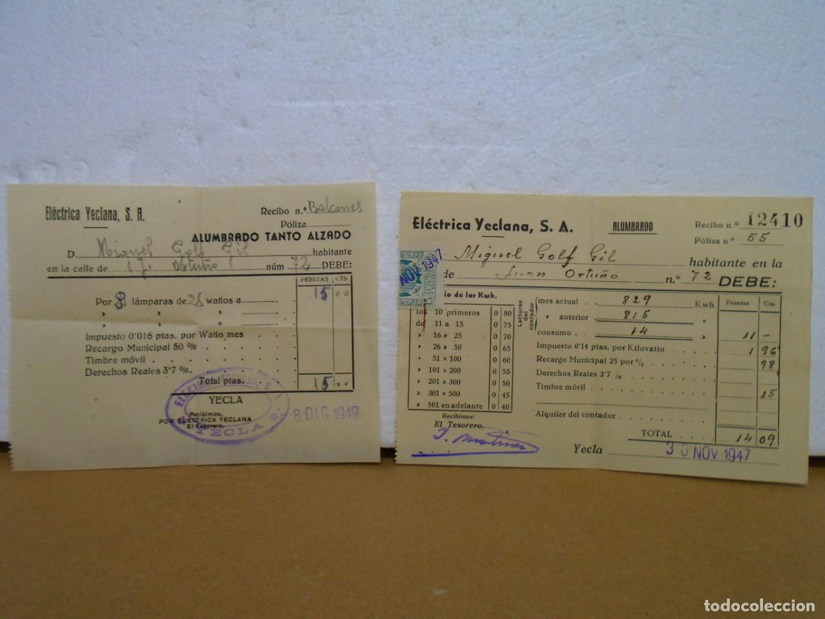 Documentos antiguos: ELLECTRICA YECLANA.RECIBOS DE ALUMBRADO 1947 Y 1949.