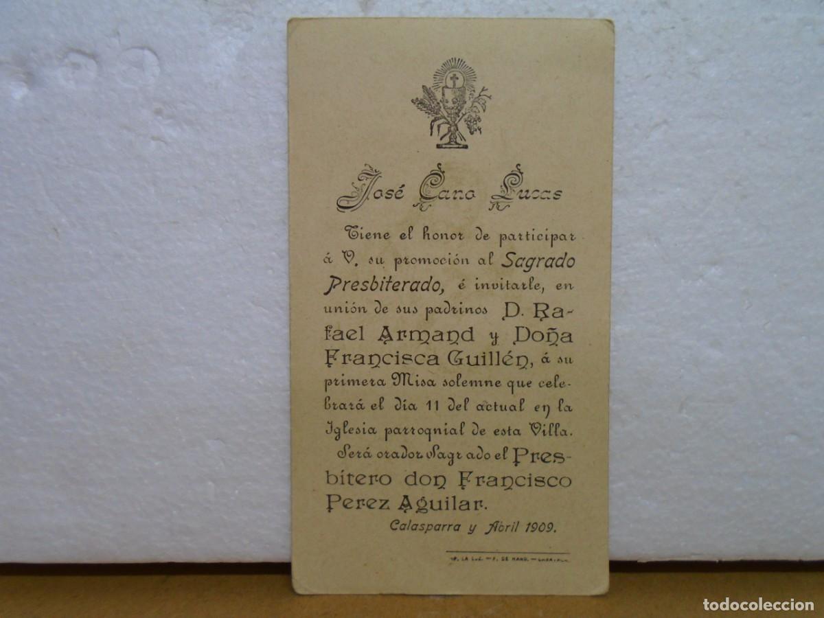 Documentos antiguos: CALASPARRA(MURCIA)RECORDATORIO PRIMERA MISA PRESBITERO,ABRIL 1909.