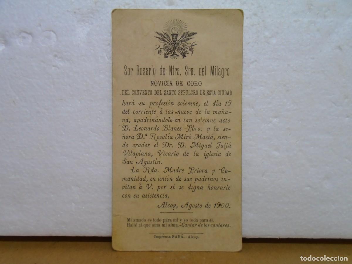 Documentos antiguos: ALCOY(ALICANTE)RECORDATORIO NOVICIA DE CORO DEL CONVENTO DEL SANTO SEPULCRO,AGOSTO 1900.