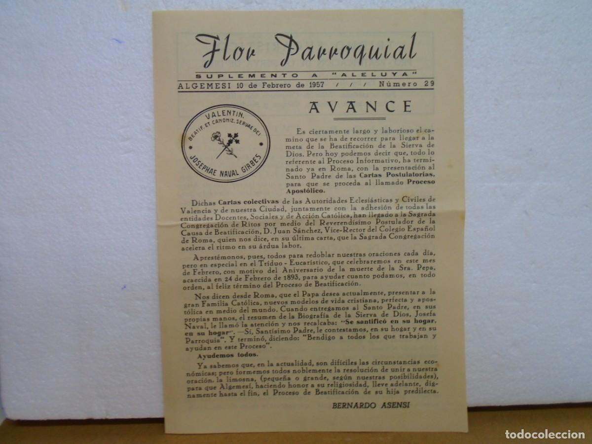 Documentos antiguos: ALGEMESI(VALENCIA) FLOR PARROQUIAL,BOLETIN N&ordm; 29 DEL 10/2/1957.