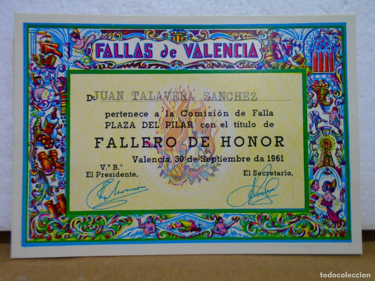 Documentos antiguos: FALLAS DE VALENCIA.FALLERO DE HONOR,FALLA PLAZA DEL PILAR,VALENCIA 30/9/1961.