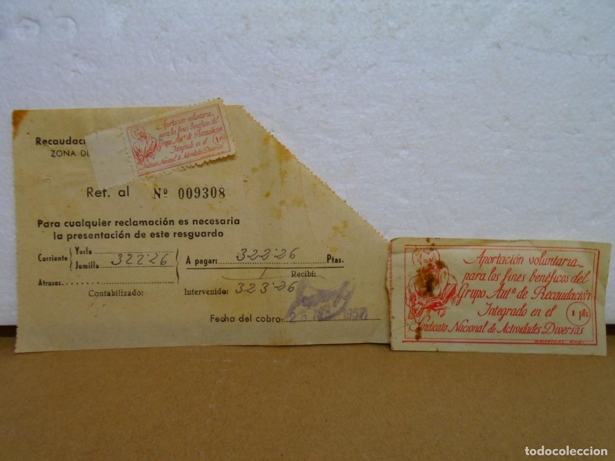 Documentos antiguos: RECIBO RECAUDACION DE HACIENDA YECLA/JUMILLA CON VI&Ntilde;ETA DE 1 PTS.(DIFERENTES TAMA&Ntilde;OS)