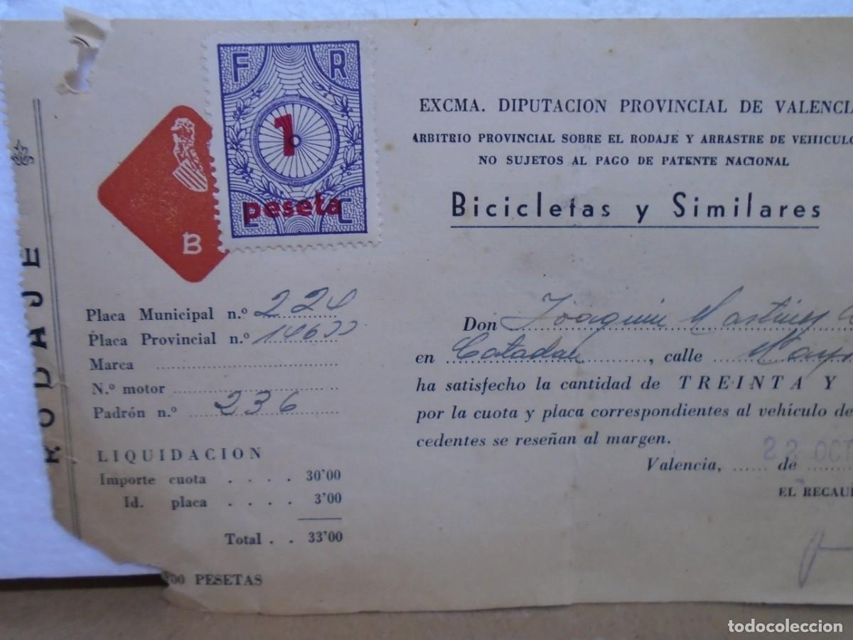 Documentos antiguos: RECIBO DE ARBITRIO SOBRE RODAJE BICICLETAS Y SIMILARES(VALENCIA)CON VI&Ntilde;ETA 1 PESETA.