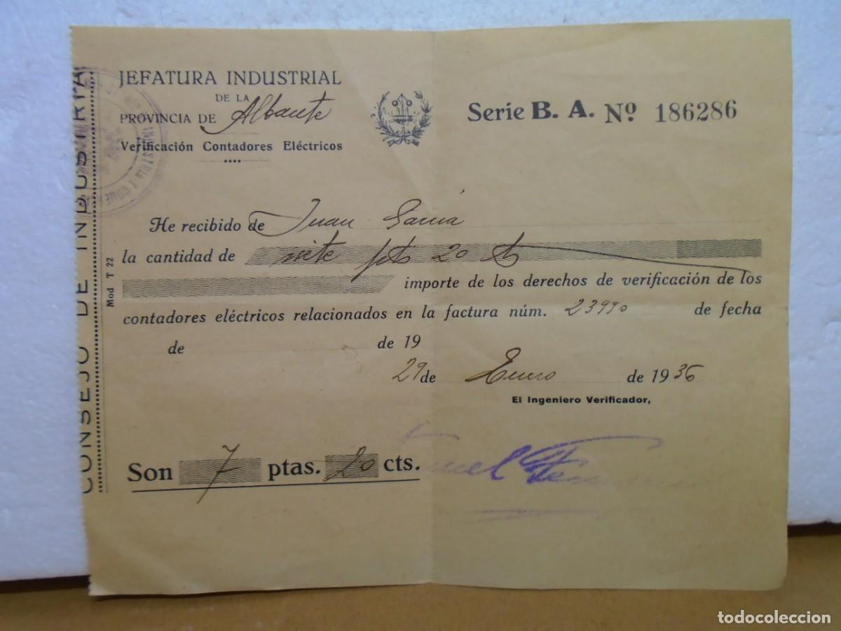 Documentos antiguos: JEFATURA INDUSTRIAL DE LA PROVINCIA DE ALBACETE,RECIBO CONTADORES ELECTRICOS 1936.