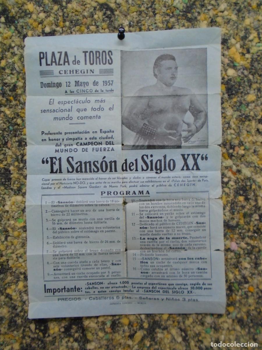 Documentos antiguos: CEHEGIN(MURCIA)PLAZA DE TOROS &rdquo;EL SANSON DEL SIGLO XX&rdquo; 12/5/1957.CARTEL.