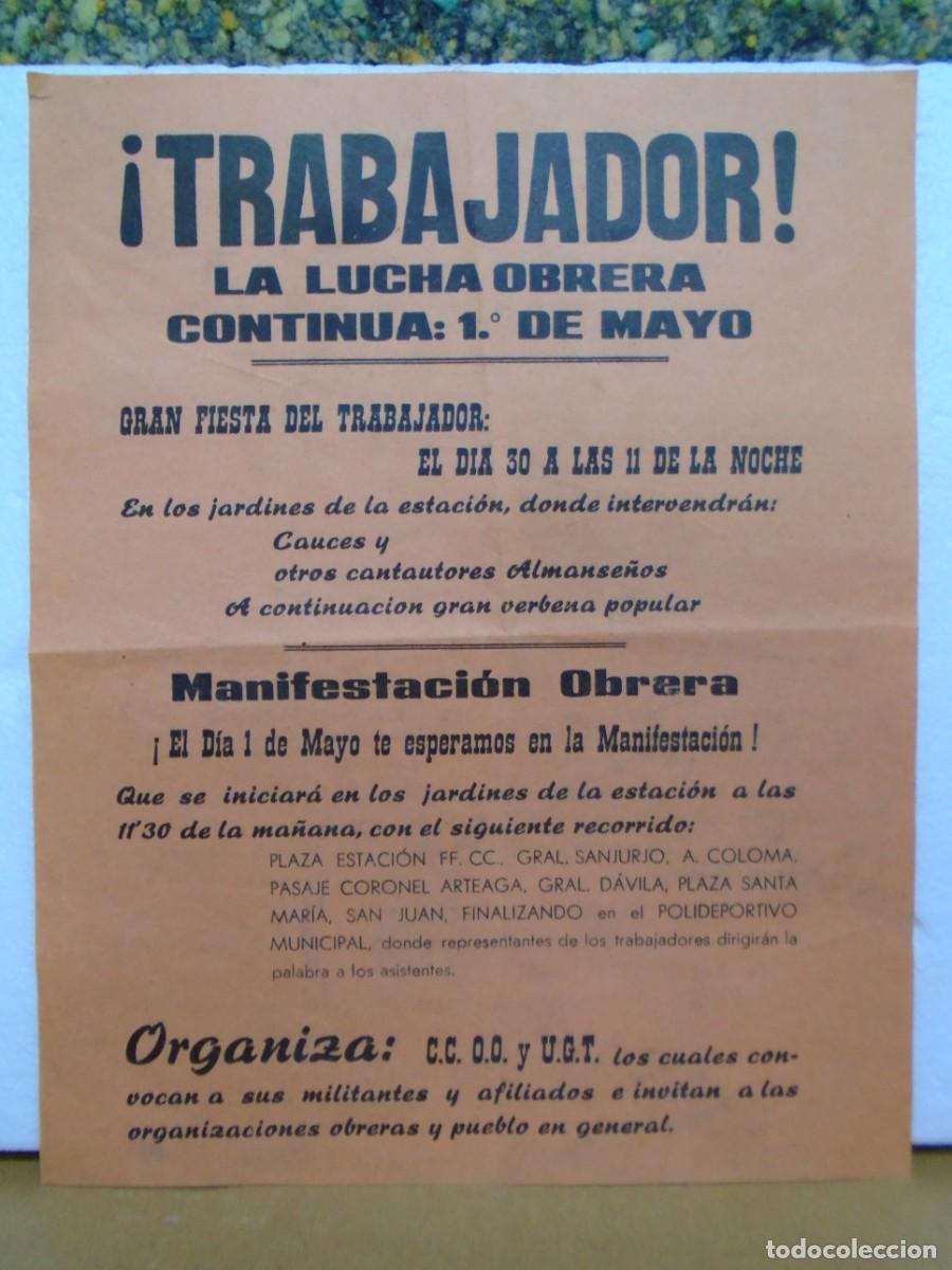 Documentos antiguos: ALMANSA(ALBACETE)MANIFESTACION TRABAJADORES 1&ordm; MAYO, A&Ntilde;OS 70.CARTEL.