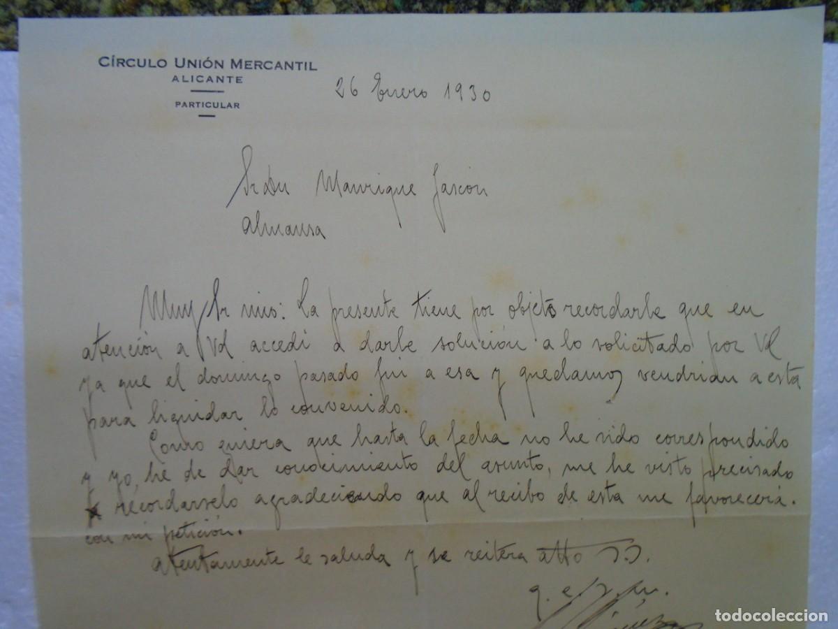 Documentos antiguos: ALICANTE. CIRCULO UNION MERCANTIL.CARTA DEL 26/1/1930.