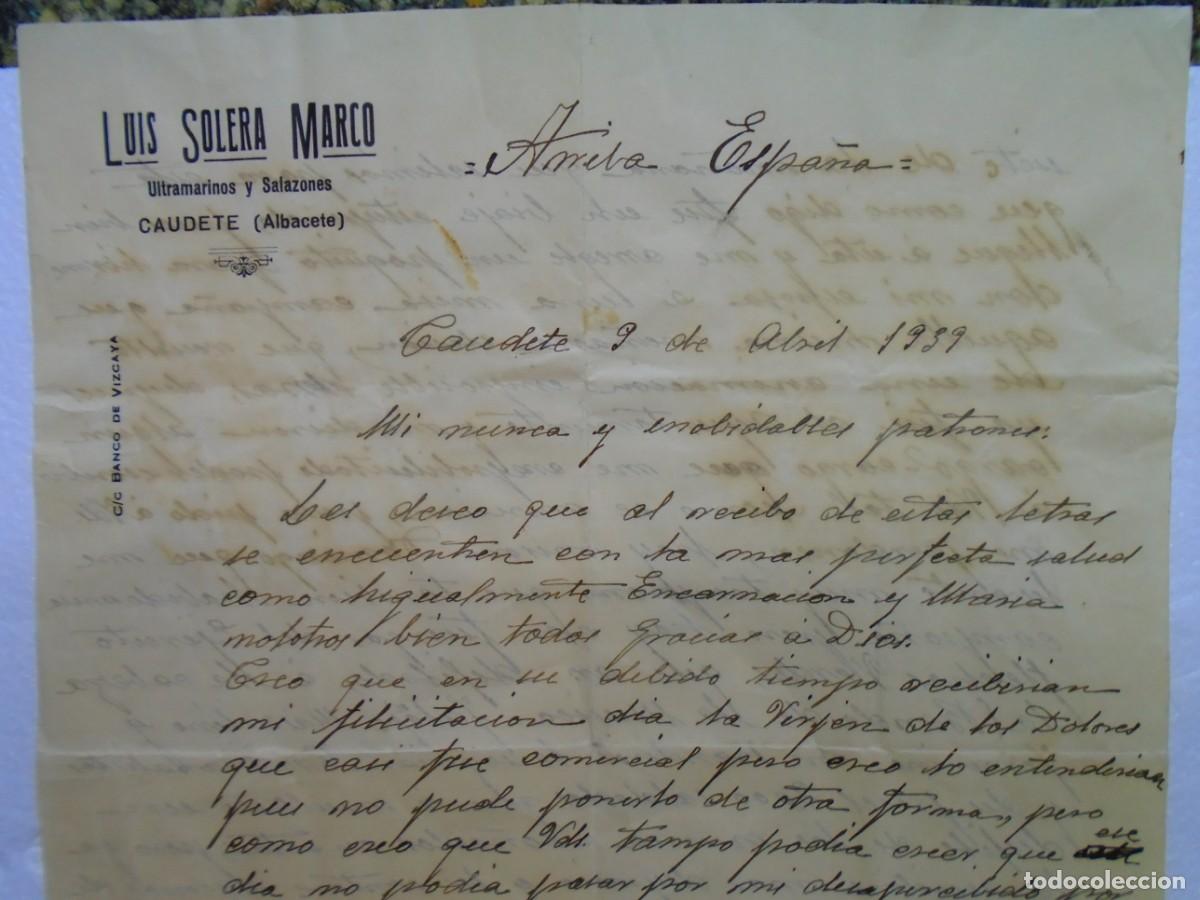 Documentos antiguos: CAUDETE(ALBACETE) ULTRAMARINOS Y SALAZONES.CARTA DEL 9/4/1939.VER RESE&Ntilde;A.