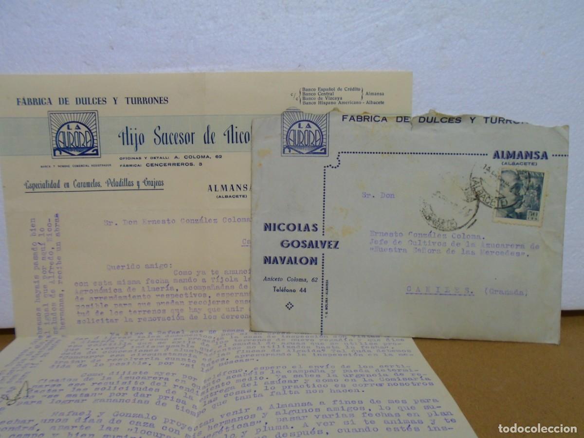 Documentos antiguos: ALMANSA(ALBACETE)&rdquo;LA AURORA&rdquo;FABRICA DE DULCES Y TURRONES. CARTA CON DOCUMENTOS 13/1/1948.