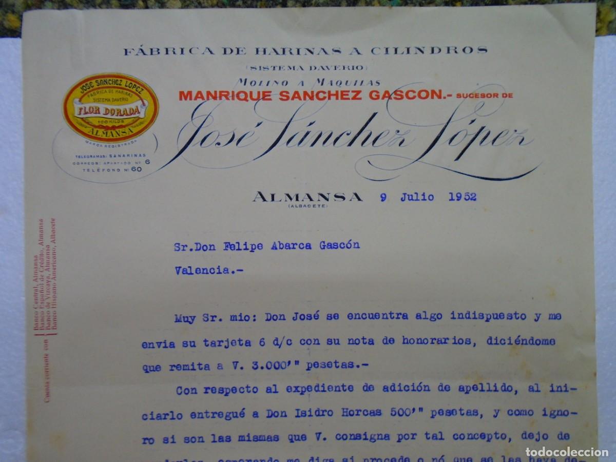 Documentos antiguos: ALMANSA(ALBACETE)FABRICA DE HARINAS.CARTA DEL 9/7/1952.