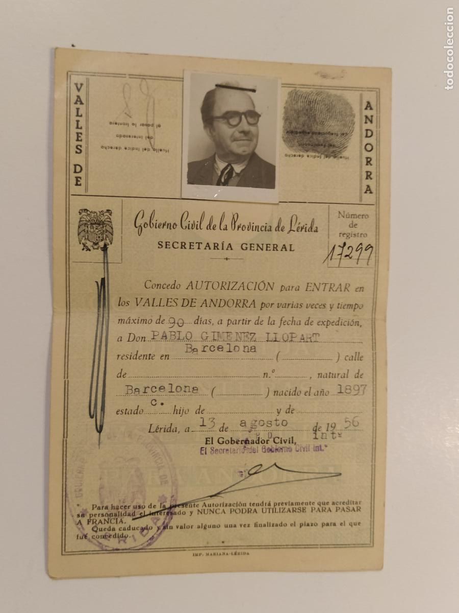 Documentos antiguos: LLEIDA - GOBIERNO CIVIL DE LA PROVINCIA DE LERIDA - SECRETARIA GENERAL - A&Ntilde;O 1956 - ANDORRA(116.506)