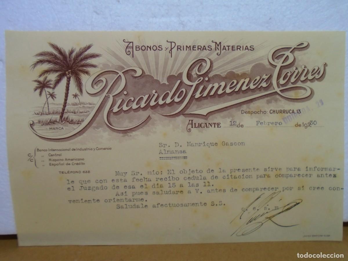 Documentos antiguos: ALICANTE.ABONOS Y PRIMERAS MATERIAS.CARTA DEL 12/2/1930.