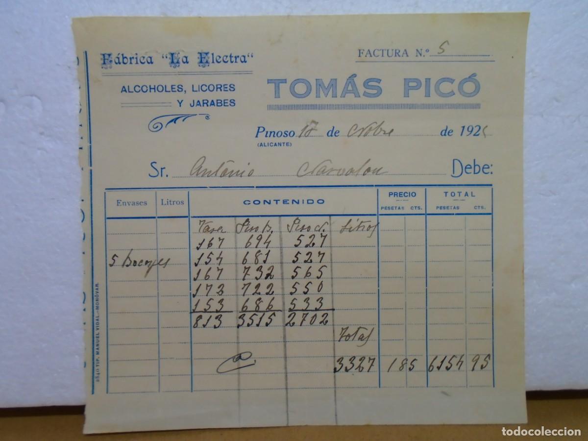 Documentos antiguos: PINOSO(ALICANTE)&rdquo;LA ELECTRA&rdquo;FABRICA DE ALCOHOLES,LICORES Y JARABES 1924.